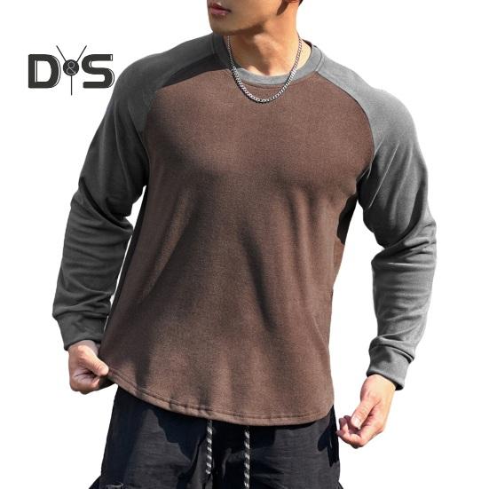 

Осень-зима Мужской топ-топ облегающего кроя с о-образным вырезом в стиле пэчворк, эластичный свитер с длинными рукавами, средней длины, для фитнеса, тренировок, бега, повседневной носки, рубашка S кофейный