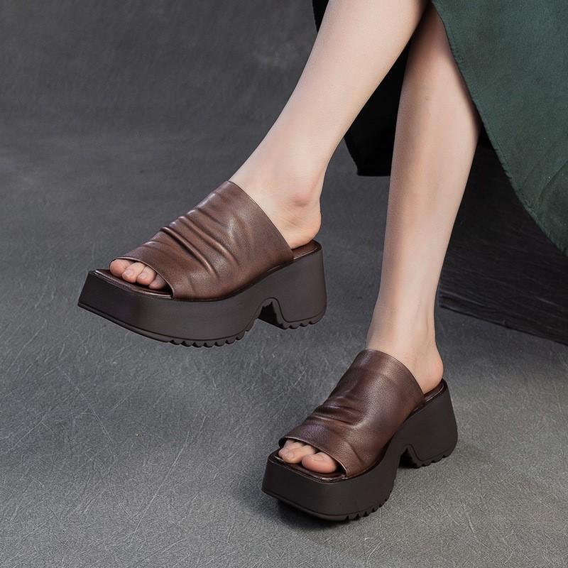 Johnature Retro Peep Toe Venkovní Platformové Pantofle Pravá Kůže Pohodlné Zvyšující Výšku Dámské Boty