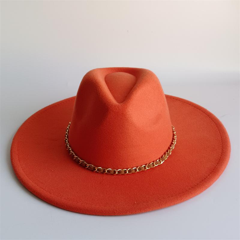 Yellow Fashion Fedora Hat With Colorful Chain 9.5Cm Wide Brim Hat For Women Winter Men'S Hat Cowboy Felt Hat Sombreros