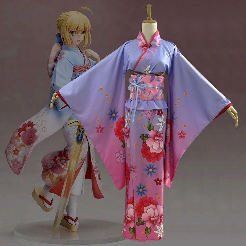 Fate Saber Cosplay Outfit Yukata Kimono Japanese Style Kimono for Women