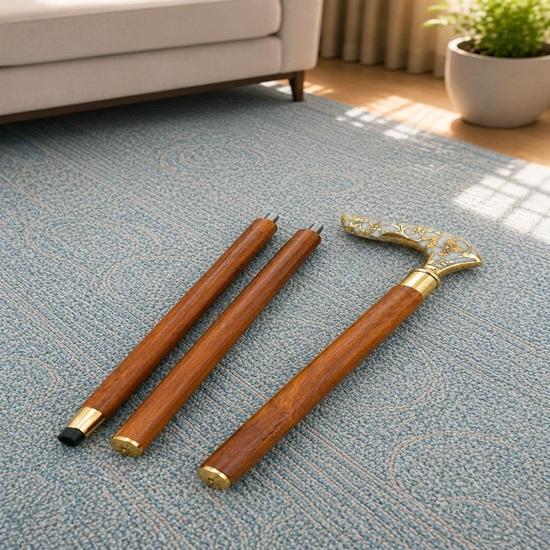 Hand Carved Wooden Cane, Brass Handle Walking Stick, Gentleman Mobility Aid