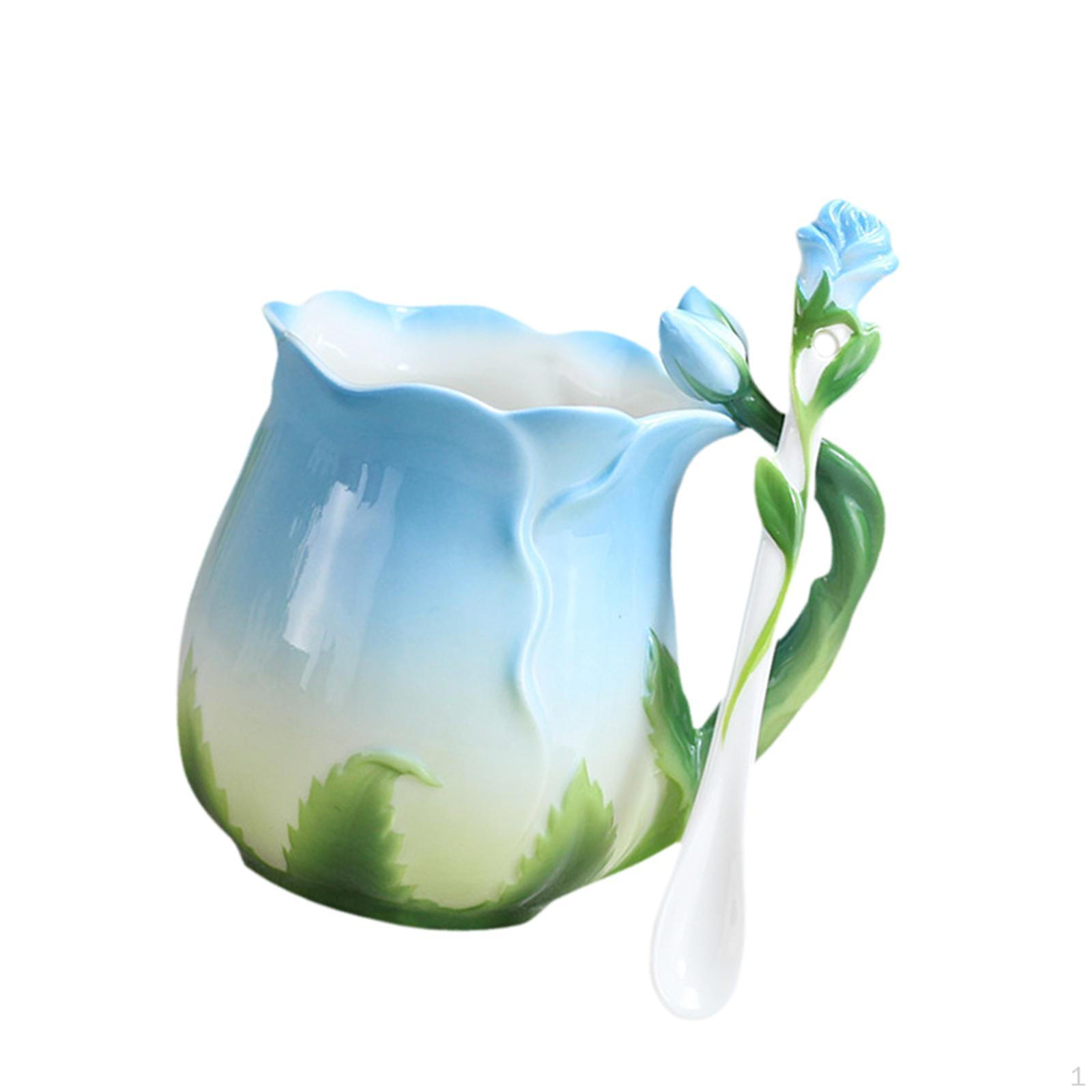 

320ml Porcelain Coffee Mug Drinking Cup, with Spoon, 3D Rose Cup for Beverage, Juice