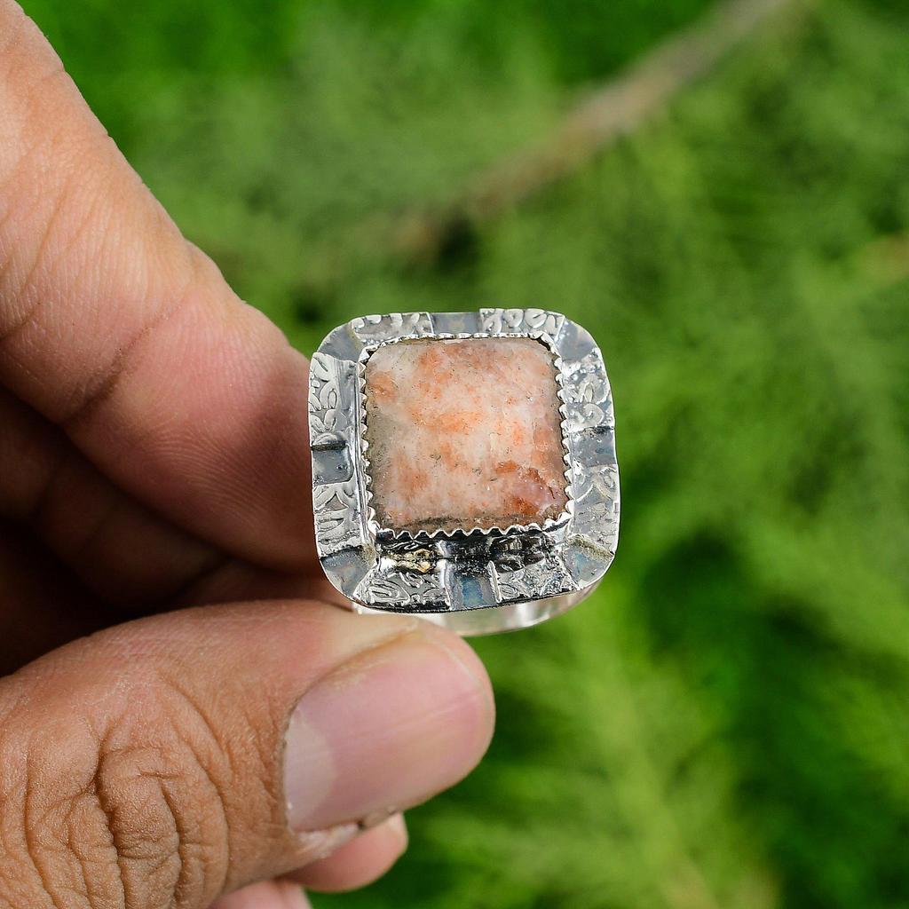 Gift For Her 925 Silver Natural Sunstone Gemstone Solitaire Adjustable Ring