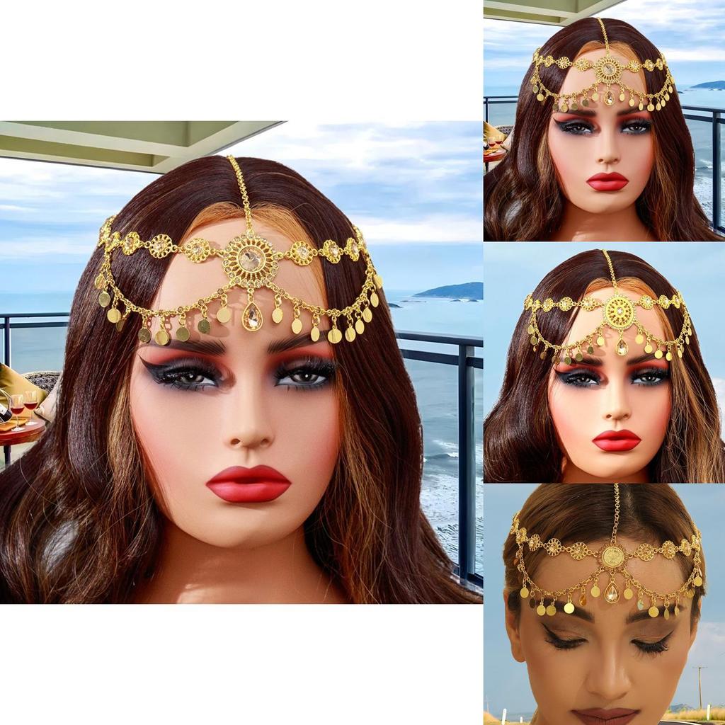 Elegant Simulation Gemstone Decor Women Golden Headpiece With Tassel Design For Travel And Gift