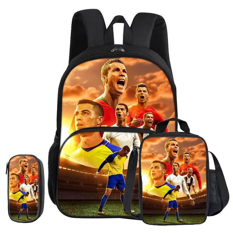 Ronaldo 3 Pcs Set with Front Pocket Backpack Football Sport with Thermal Insulated Lunch Tote Purse CR Football Star Pencil Case