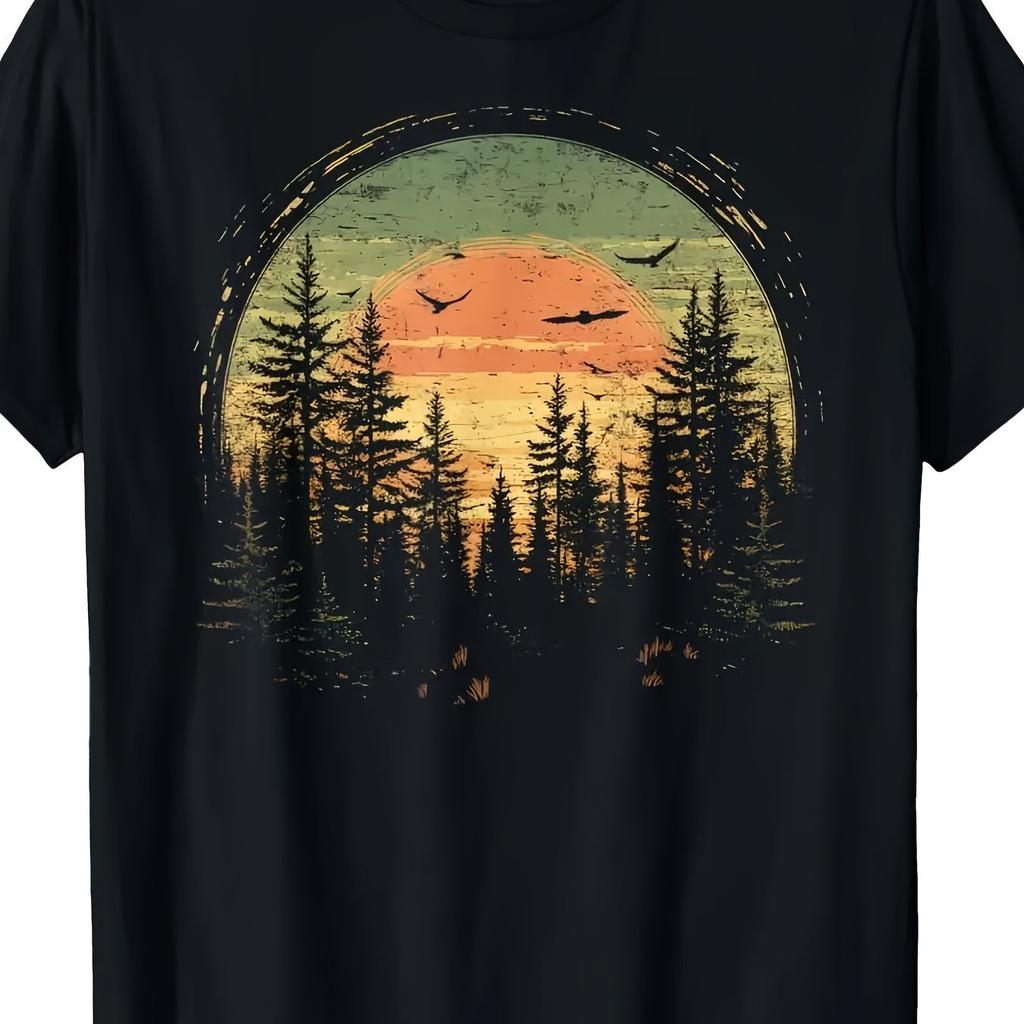 Vintage Pine Tree Sunset Graphic Tee Mens Casual Short Sleeve Tshirt Breathable All Seasons