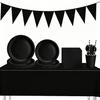 Black Disposable Tableware Set: Solid Color Paper Plates, Triangle Banners, Tablecloth, Spoons, Forks, Knives - Party Supplies