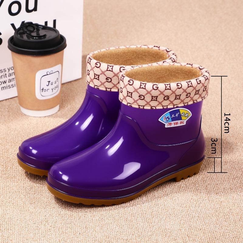 Rain shoes adult beef tendon sole velvet rain boots fashionable waterproof shoes women's nonslip midtube overshoes keep warm in rainy days