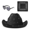 3pcs/Set Bandana Sparkling Powder Denim Hat Wide Brim Solid Color Western Cowboy Hat Heart Sunglasses 3pcs/Set Pink Cowboy Hat