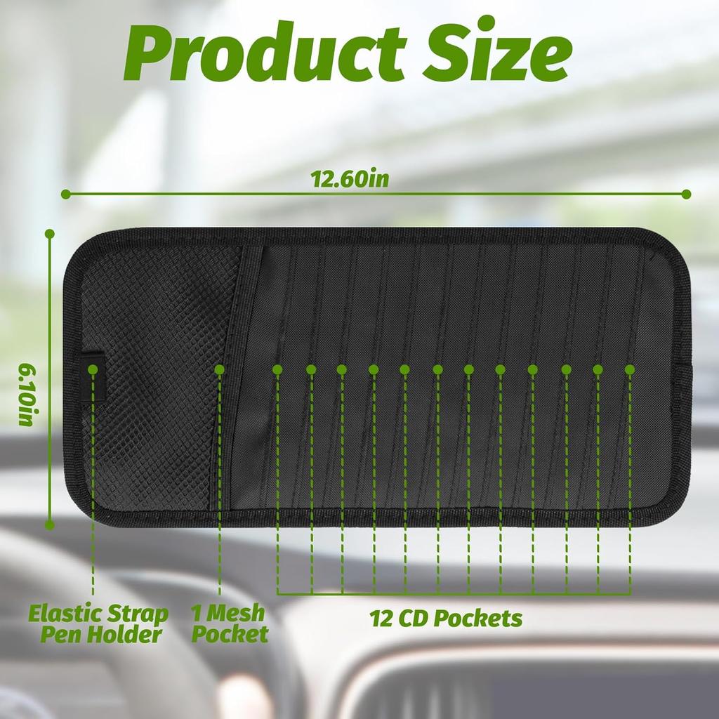Car CD & DVD Holder - Large Capacity CD Visor Case, Vehicle Visor Storage Organizer With 12 Disc Sleeves, 1 Mesh Pocket 1 Pen Holder And & Elastic