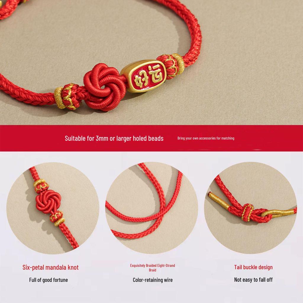 Mandala Red String DIY Hand-Woven Bracelet: Compatible with Beads & Gold Ornaments