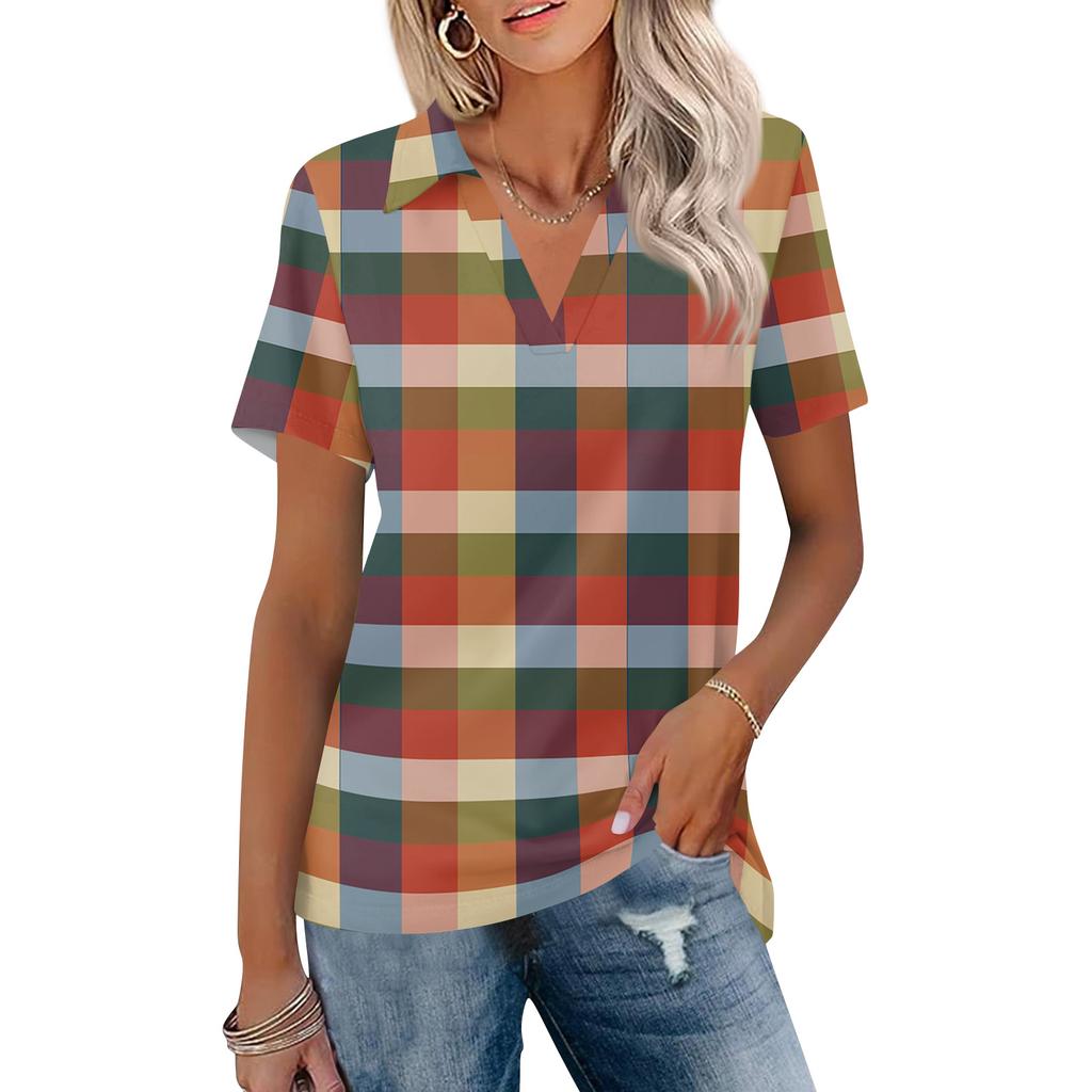 Women’s Casual V Neck Short Sleeve Plaid Print Turn Down Collar Blouse Relaxed Fit Lightweight Top for Daily Wear