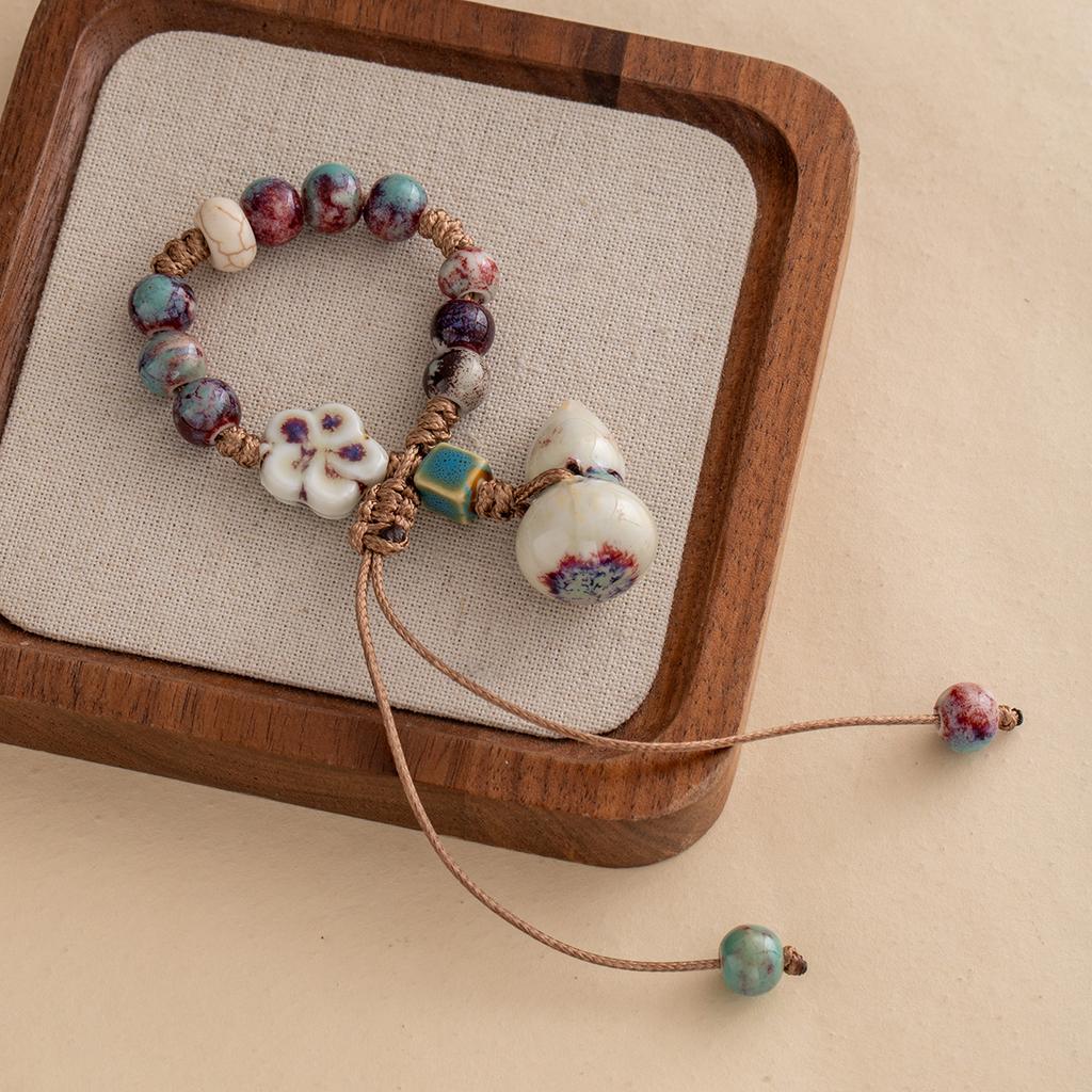 Retro Style Gourd Woven Bracelet, Ethnic Style Flower Beaded Small Fresh Bracelet, Niche Literary Jewelry