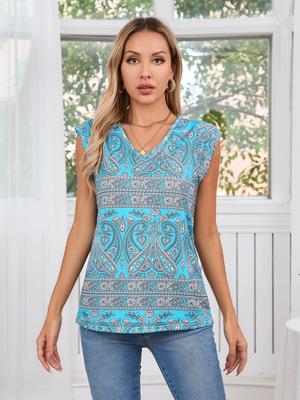 2024 Γυναικείο Casual T-Shirt με V-Neck και Τυπώματα - Καλοκαιρινή Μόδα, Πουλόβερ με Κοντό Μανίκι