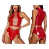 Women Hollow Out Front Tie Up Crop Top with Zipper Crotch High Waist Panties Glossy PU Leather Clubwear for Pole Dancing Rave Party