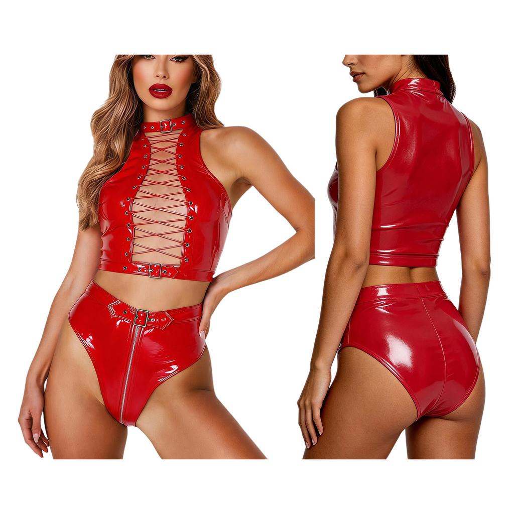 Women Hollow Out Front Tie Up Crop Top with Zipper Crotch High Waist Panties Glossy PU Leather Clubwear for Pole Dancing Rave Party