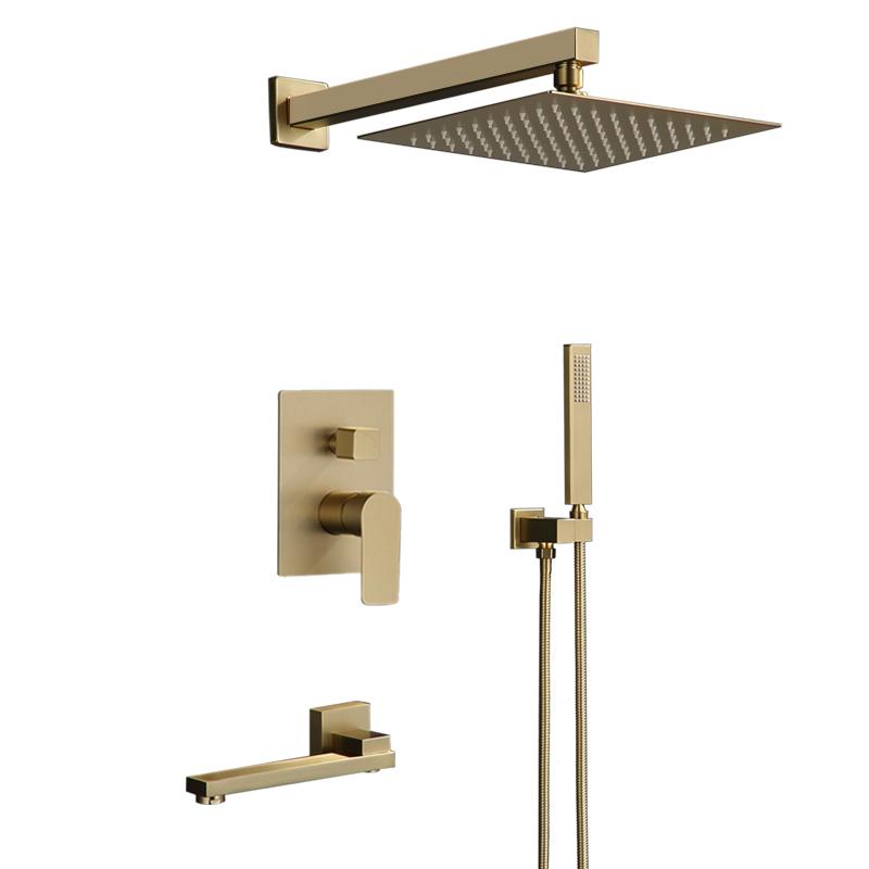 Badezimmer Duschset Schwarz/Gebürstetes Gold Quadratische Regendusche Duscharmatur Wand- oder Deckenmontage Duschmischer 12" Duschkopf