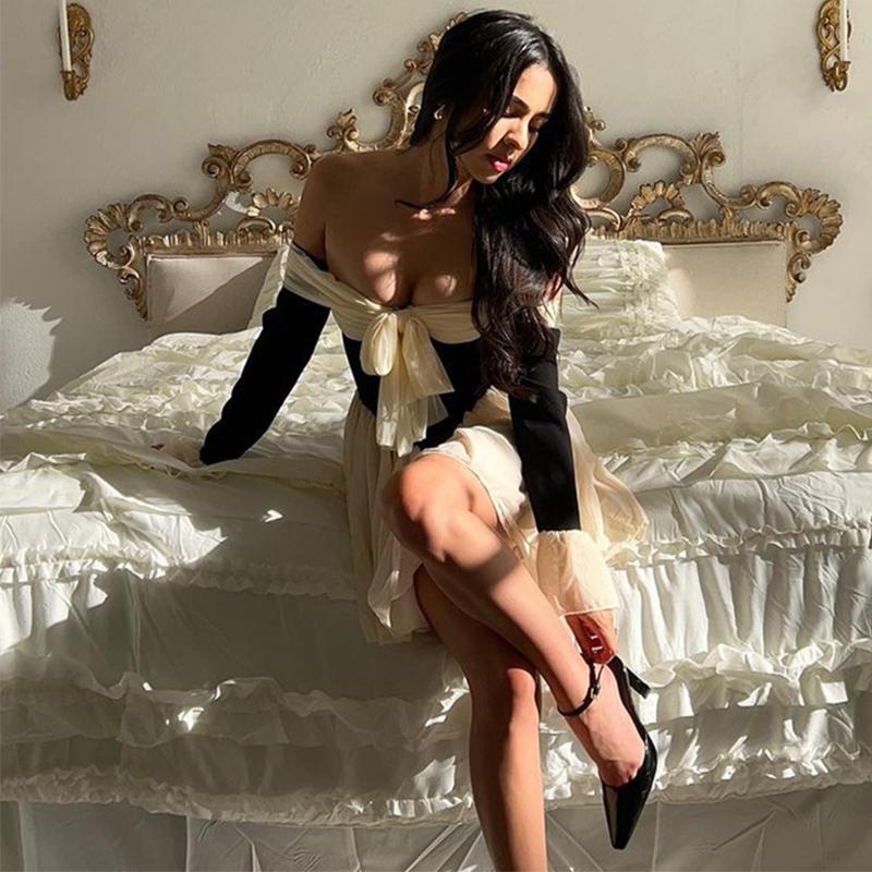 French Vintage Off Shoulder Dress Women Summer Fashion Slim Long Sleeve Slim High Waist Mini Dresses Girls Party Trendy Vacation Elegant Evening Dress