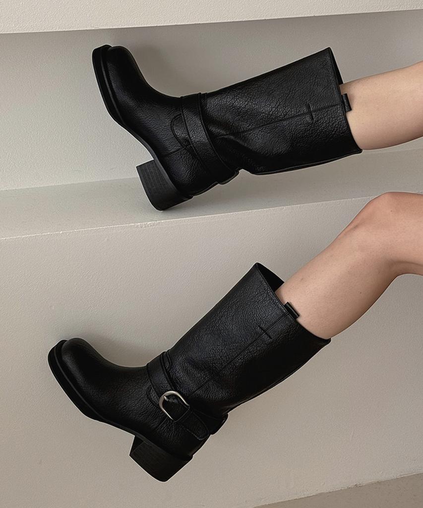 Moodnple Dalia Buckle Strap Point Crack Pattern Black Mid-Calf Boots 5Cm