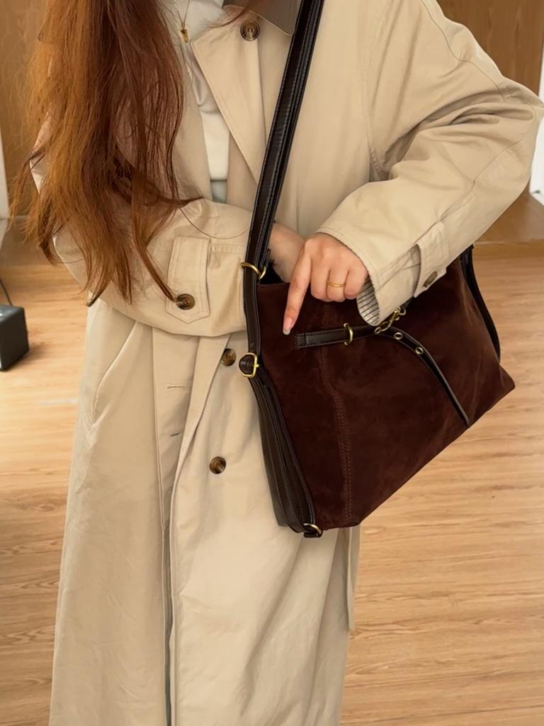 Faux Suede Belt Design Shoulder Bags for Women Fall Winter Retro Tote Crossbody Bag Large Capacity Female Backpack Handbags