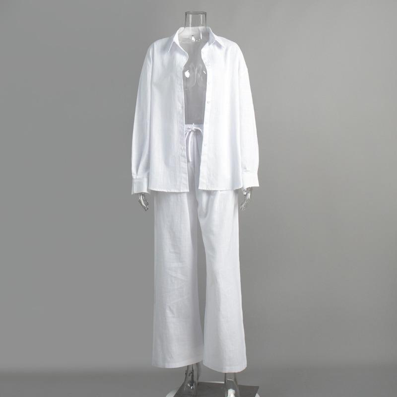 Women Casual Solid Color Cotton Linen Shirt Pants Suits Fashion Single Breasted Blouses Elastic Waist Pants Set Spring Loose Outfits