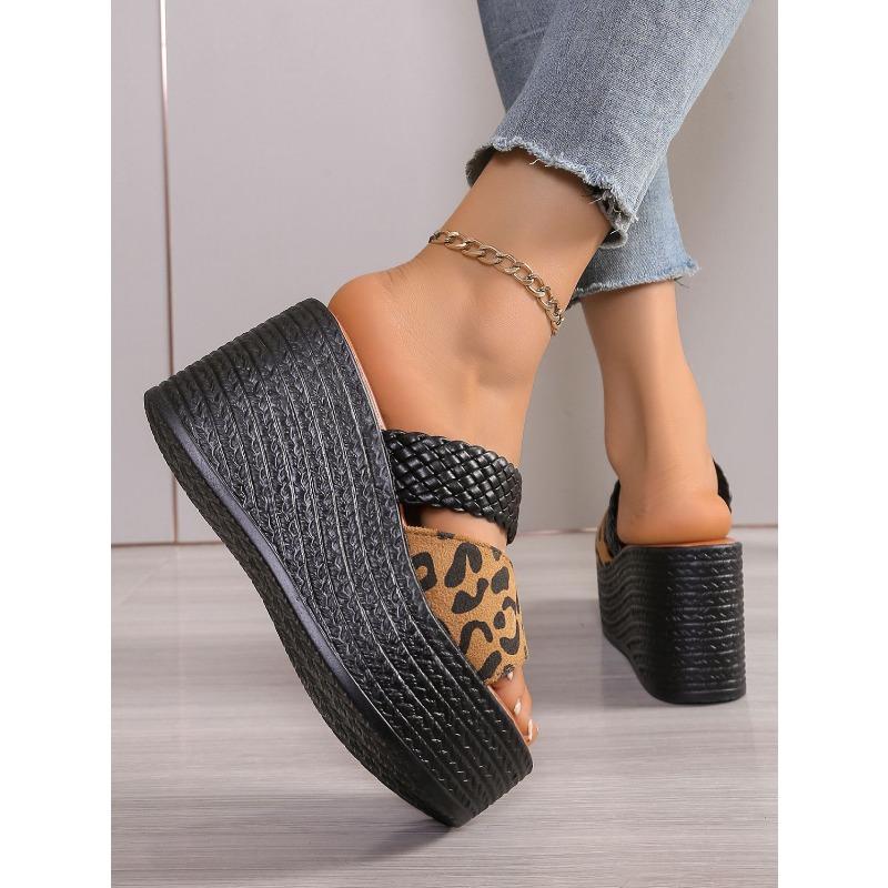 Leopard Print Open-Toe Platform Slippers for Women, Plus Size Thick-Soled Slippers