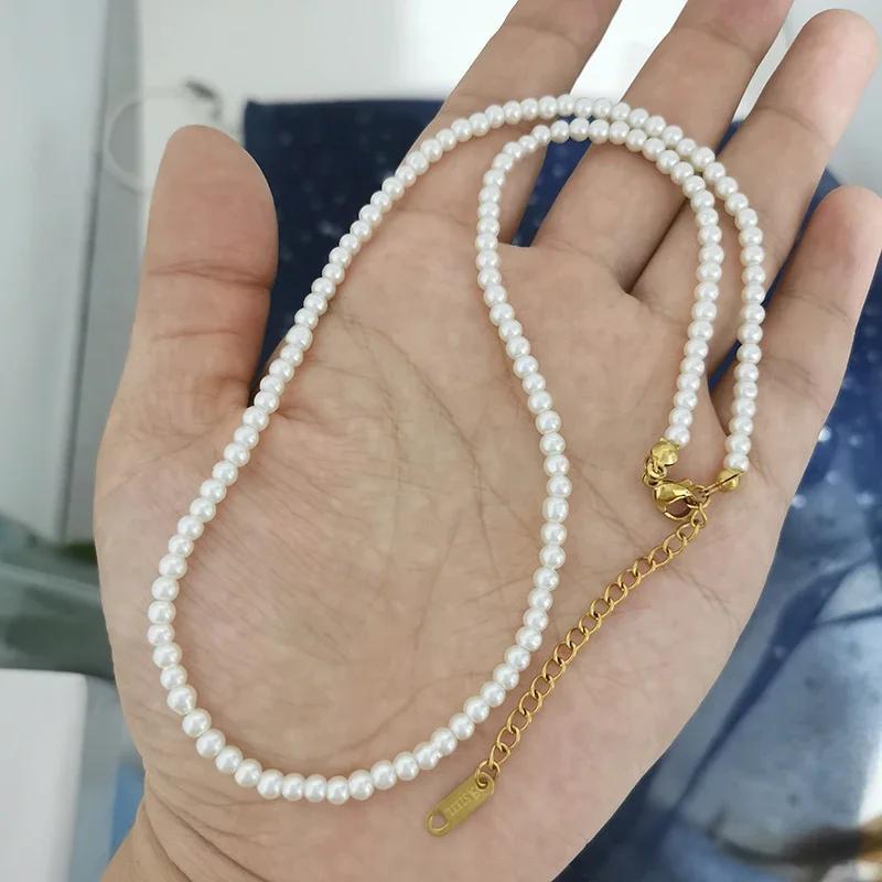 4mm Glass Imitation Pearl Necklace Women Men Base Choker Stainless Steel Clasp Extend 40cm+5cm White Custom