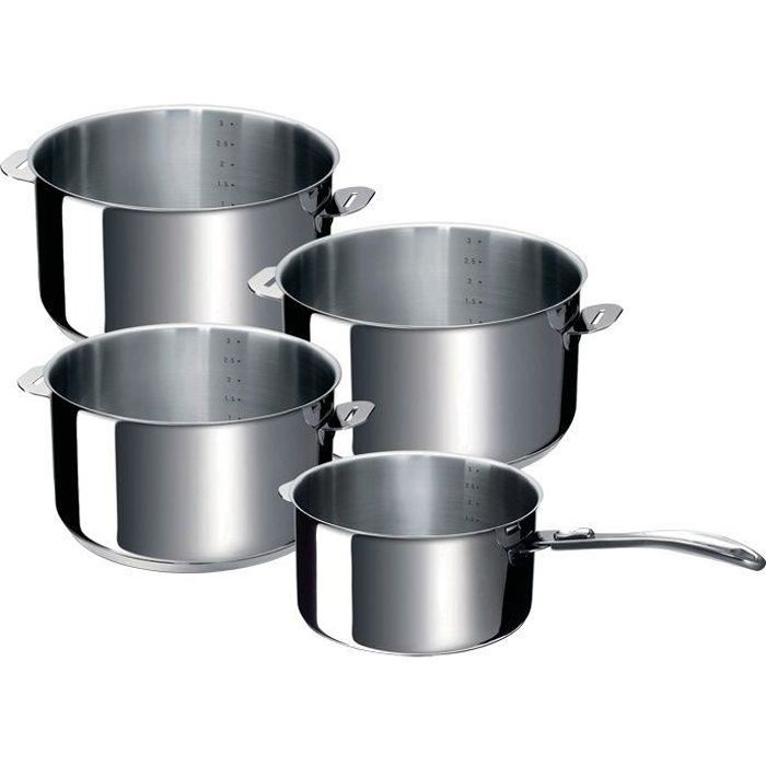 Batterie de 4 casseroles en inox Evolution + 1 manche - D: 14 cm à D: 20 cm