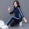 Casual Age Reducing Two Piece Sport Set for Women Fashion Stand Collar Cardigan Two Stripes Color Block Spring Autumn