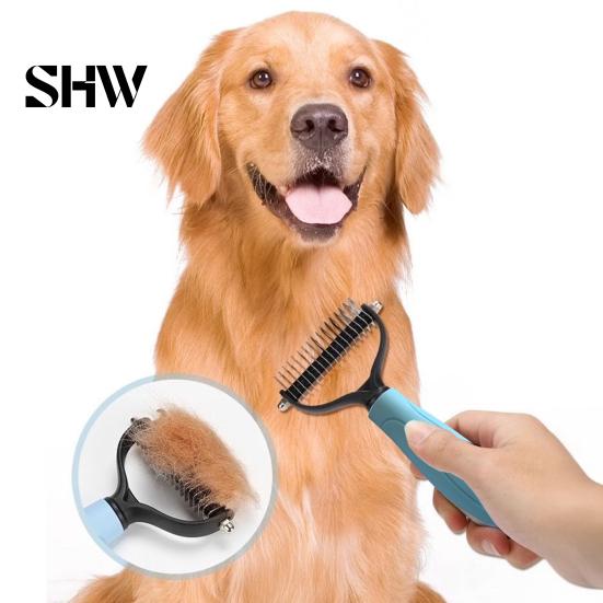 Professional Pet Grooming Comb Double-Sided Detangling Rake, Dog Undercoat Rake with Rounded Blades, Double Sided Tool Shedding Brush for Long