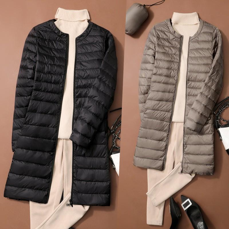 Womens Lightweight Down Coat Mid-Length Round Neck Solid Color Outerwear Winter