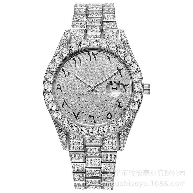 European and American popular men's steel belt hip-hop Roman scale diamond calendar men's quartz watch