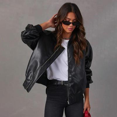 Damen Vintage Kunstleder Bomberjacke Drop Shoulder Lockerer Sitz Lässiger Streetwear Mantel