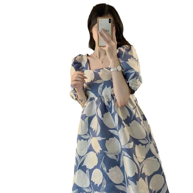 Women's Summer New Fashion Medium and Long High-end Printed Bubble Sleeves Small Versatile Dress