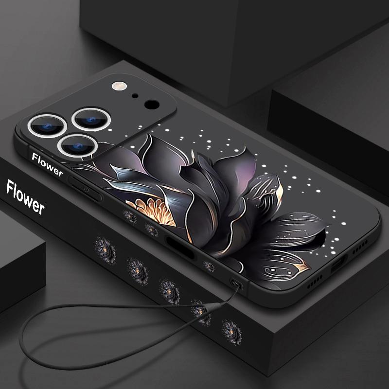 Black Rose Lotus Print Case For iPhone 17 Pro Case for iPhone 17 16 15 14 13 17 Pro Max 16e 15 16 Plus Shockproof TPU Silicone Lanyard Phone Cover