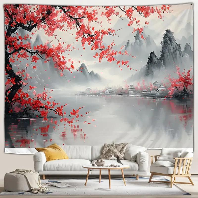 VIKAMA Chinese ink wash cherry blossom tapestry ancient style landscape pavilions Zen style living room decoration