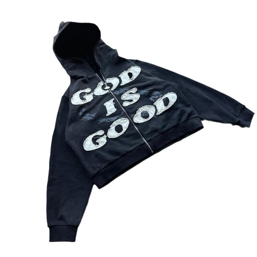 Unisex Street Style Letter Patch Embroidered Zipper Hoodie Large чёрный