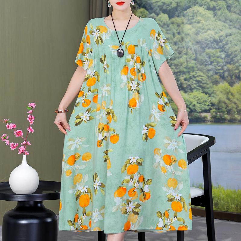 Plus Size Loose Vintage Print Langes Kleid für Damen Lässige Kurzarm-Sommer-Damenkleider