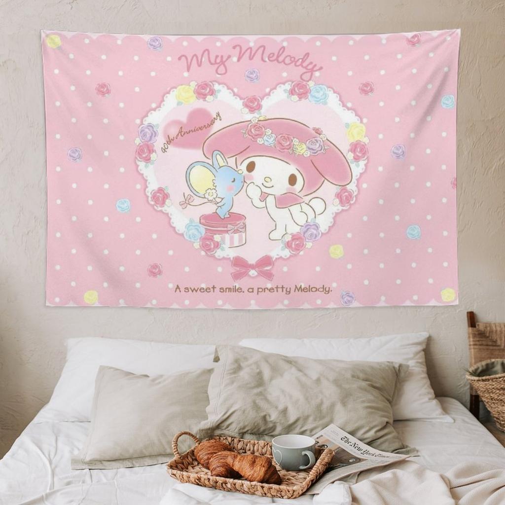 1pc Cute My Melody Anniversary Print Tapestry 2D Polyester Wall Hanging Pink Sanrio Aesthetic Decor Tapestry Gift for Sanrio