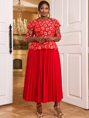 Red Lace Pleated Dress Women O Neck Half Sleeve High Waist Ankle Length Evening Cocktail Event Gown Dress