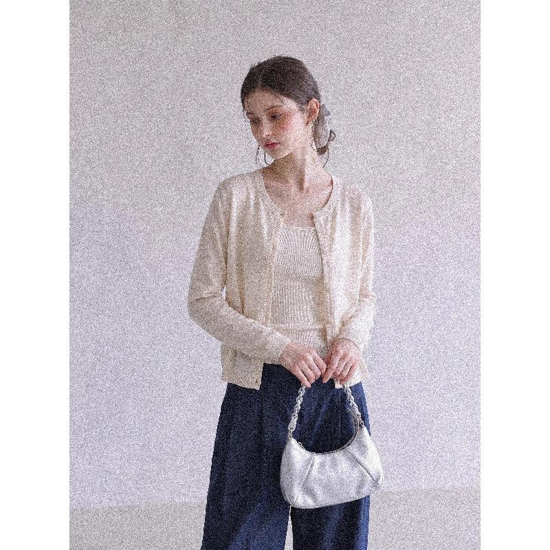 French temperament crew neck knitted cardigan women's summer new casual versatile long-sleeved thin top