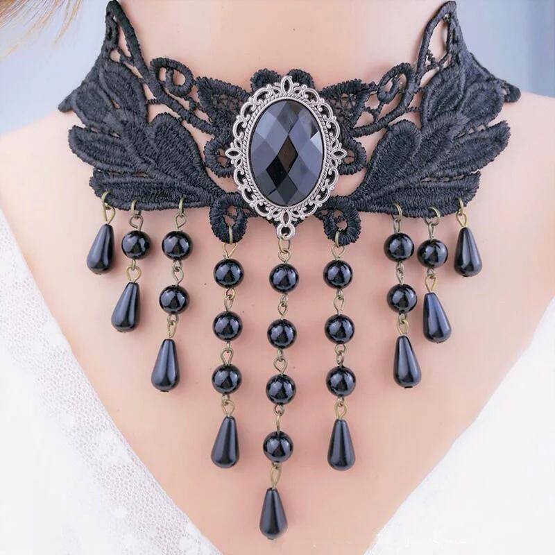 Collares Sexy Gothic Chokers Crystal Gear Chain Black Lace Neck Choker Necklace Vintage  Women Chocker Steampunk Jewelry
