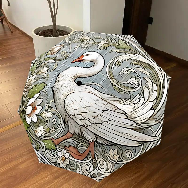 1PC Swan Art NouveauAutomatic Open/Close Umbrella with Windproof, 8-Rib Sturdy Canopy, Durable Ribs, Fashionable Design, Outdoor Accessory, Fun Prin,