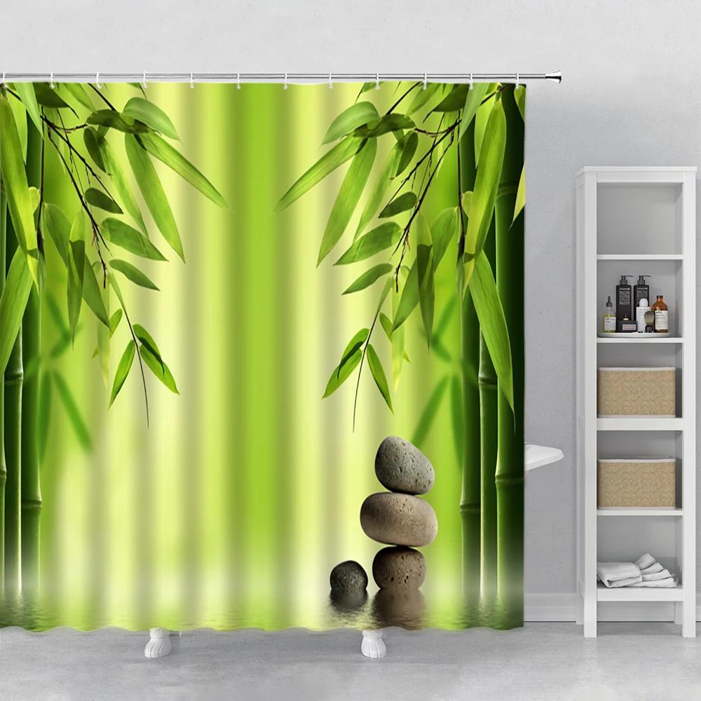 Zen Garden Shower Curtain Spa Green Bamboo Black Stone White Flower Bathroom Decor Supplies Bath Curtains Sets Polyester Fabric