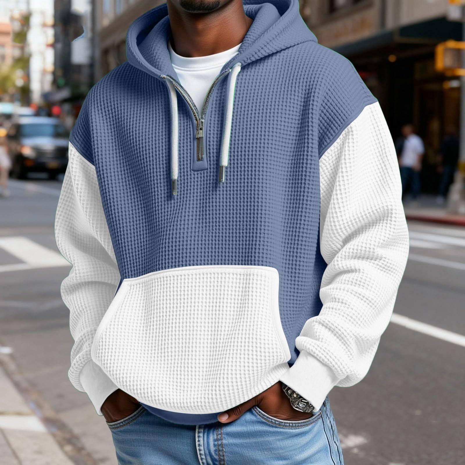 

Men s Fashion Trendy Half Zipper Hooded Hood Pullover Thickened Texture Hoodie S Темно-синій