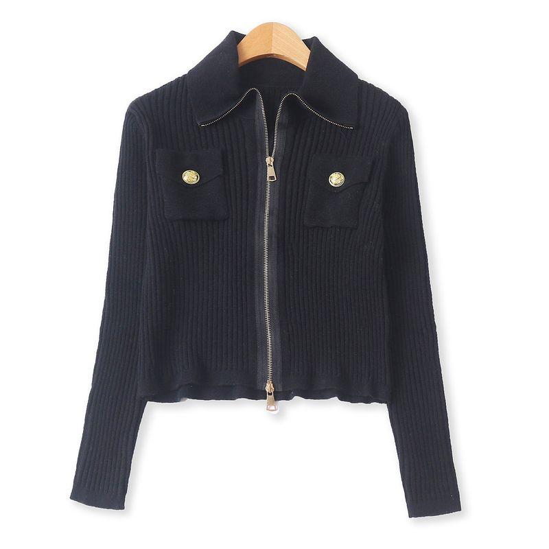 

Cardigan sweater Autumn New Women clothes Fashion Slim fit Lapel Zip-up Long sleeve Slimming High Elastic Sweater 32676