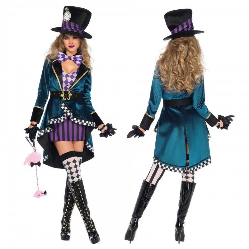 Womens Wonderland Mad Hatter Costume Cosplay Outfit Velvet Stage Performance Dress Halloween Party