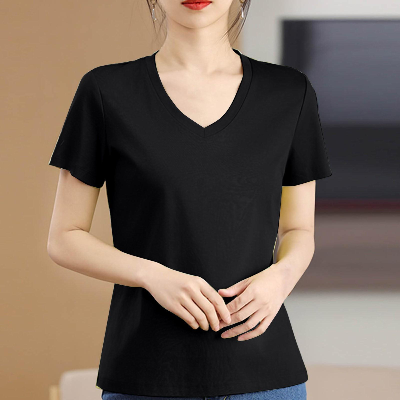 

Women s Solid Color Casual V-neck Sim Ple Short-sleeved T-shirt Female Top L чорний