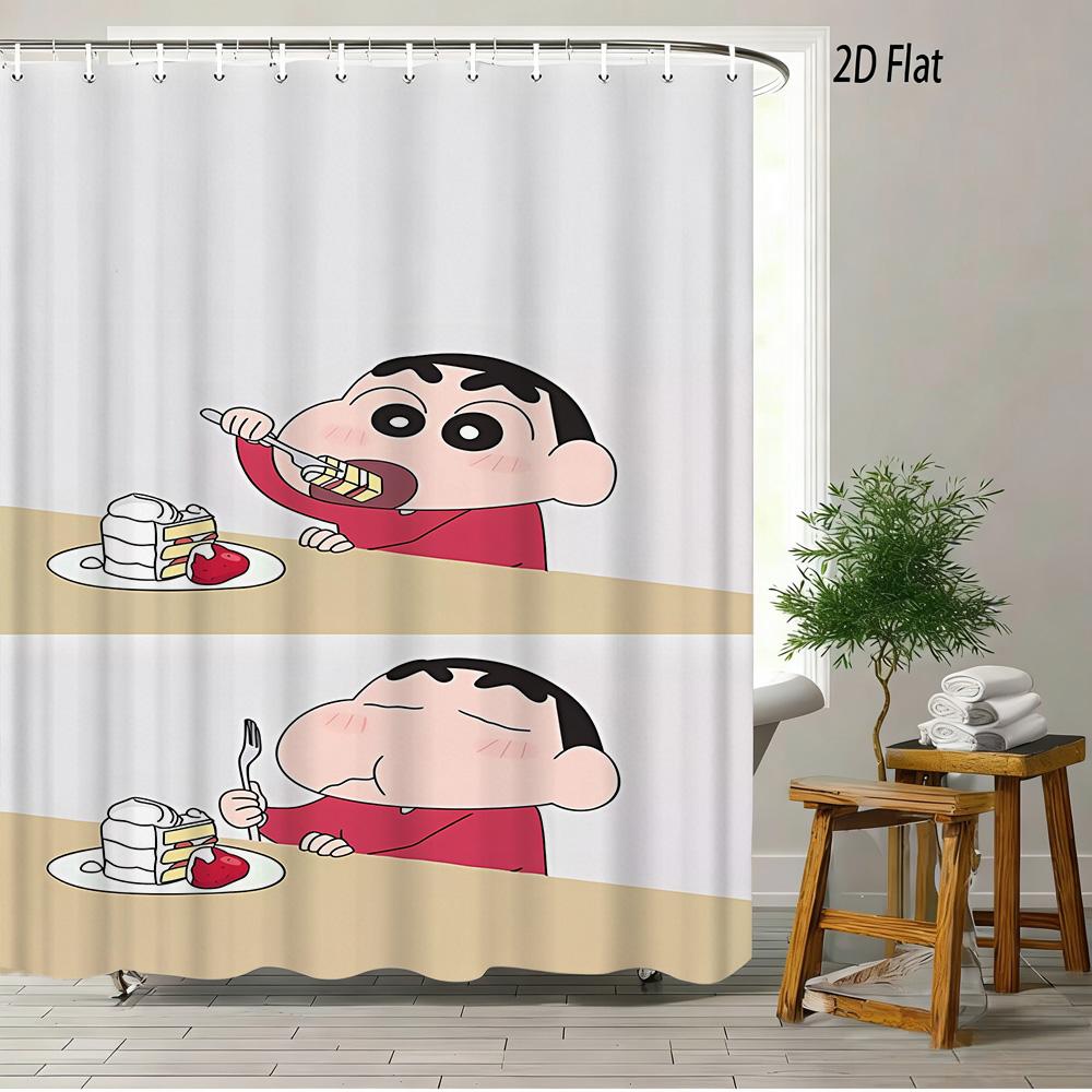 Crayon Shin-Chan & Himawari & Shiro & Leopard & Rooster Jungle Adventure Scene 2D Print Waterproof Shower Curtain, Bright Green