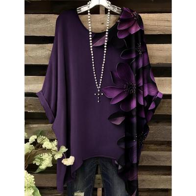 T-shirt da Donna Taglie Forti Stampa Floreale Viola Orlo a Coda di Rondine Girocollo Manica Corta Top Casual Estivi